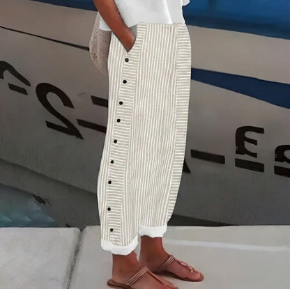Sofía - Pantalón recto con motivo de rayas con botones laterales
