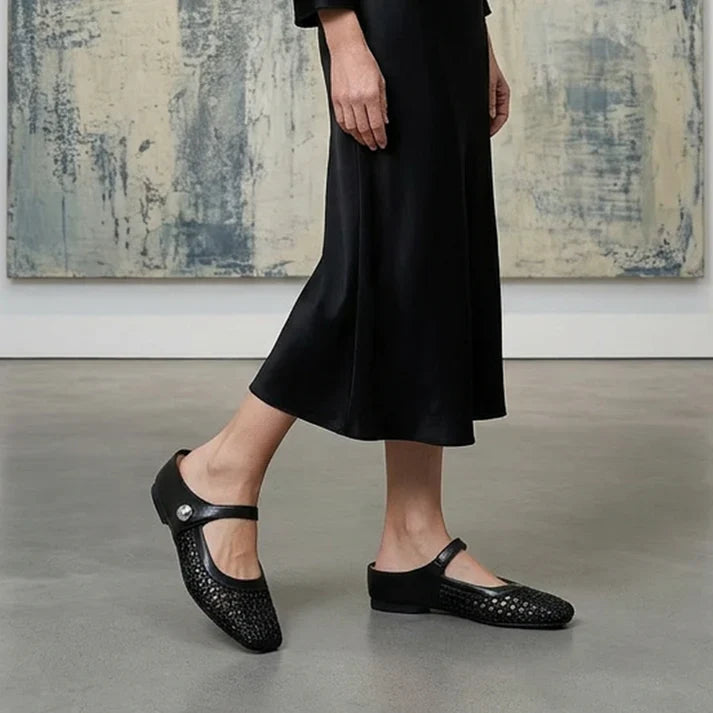 Lucía - Mules de tejido de textura trenzada con punta cuadrada y cierre Mary Jane