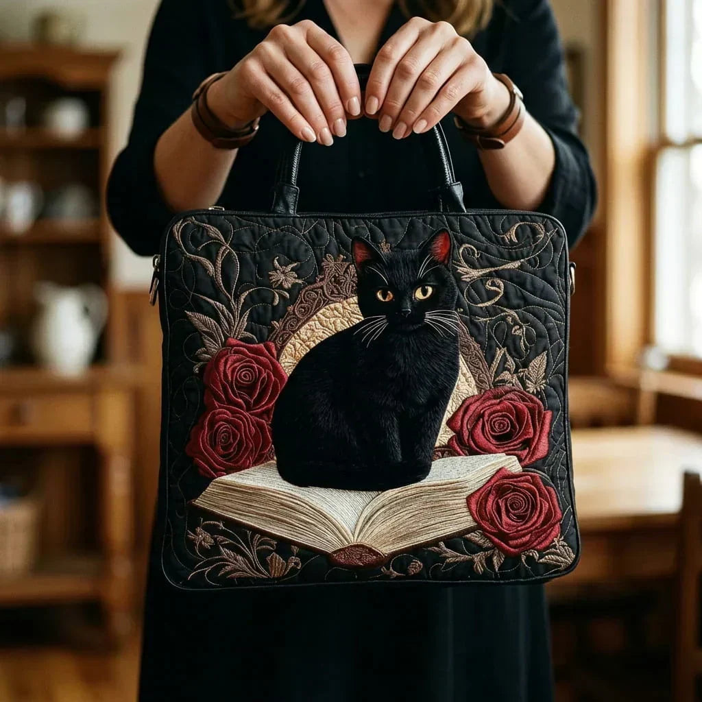 Celina - Bolso artesanal acolchado con gato negro sobre libros