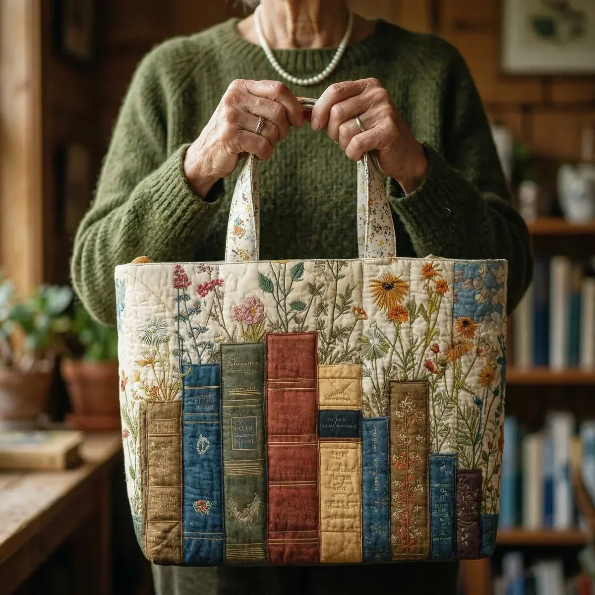 Estela - Bolso artesanal acolchado con libros y flores