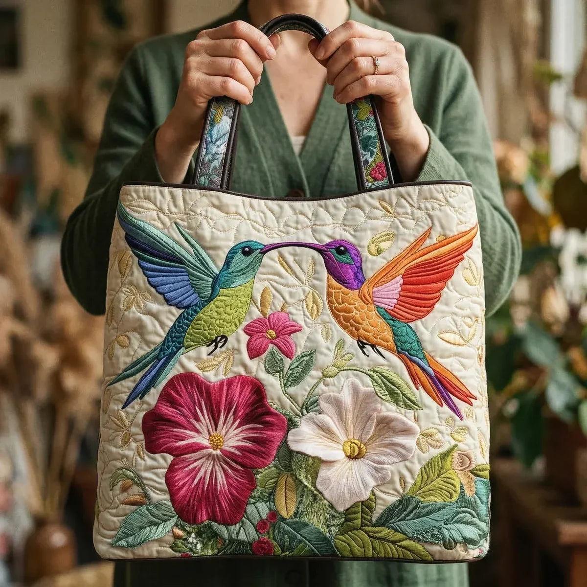 Malena - Bolso acolchado con colibríes y flores blancas