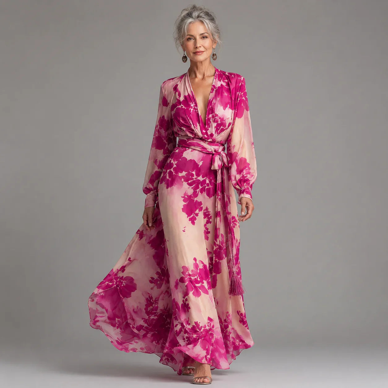 Lily Rose - Vestido largo floral rosa con escote de pico y cinturón