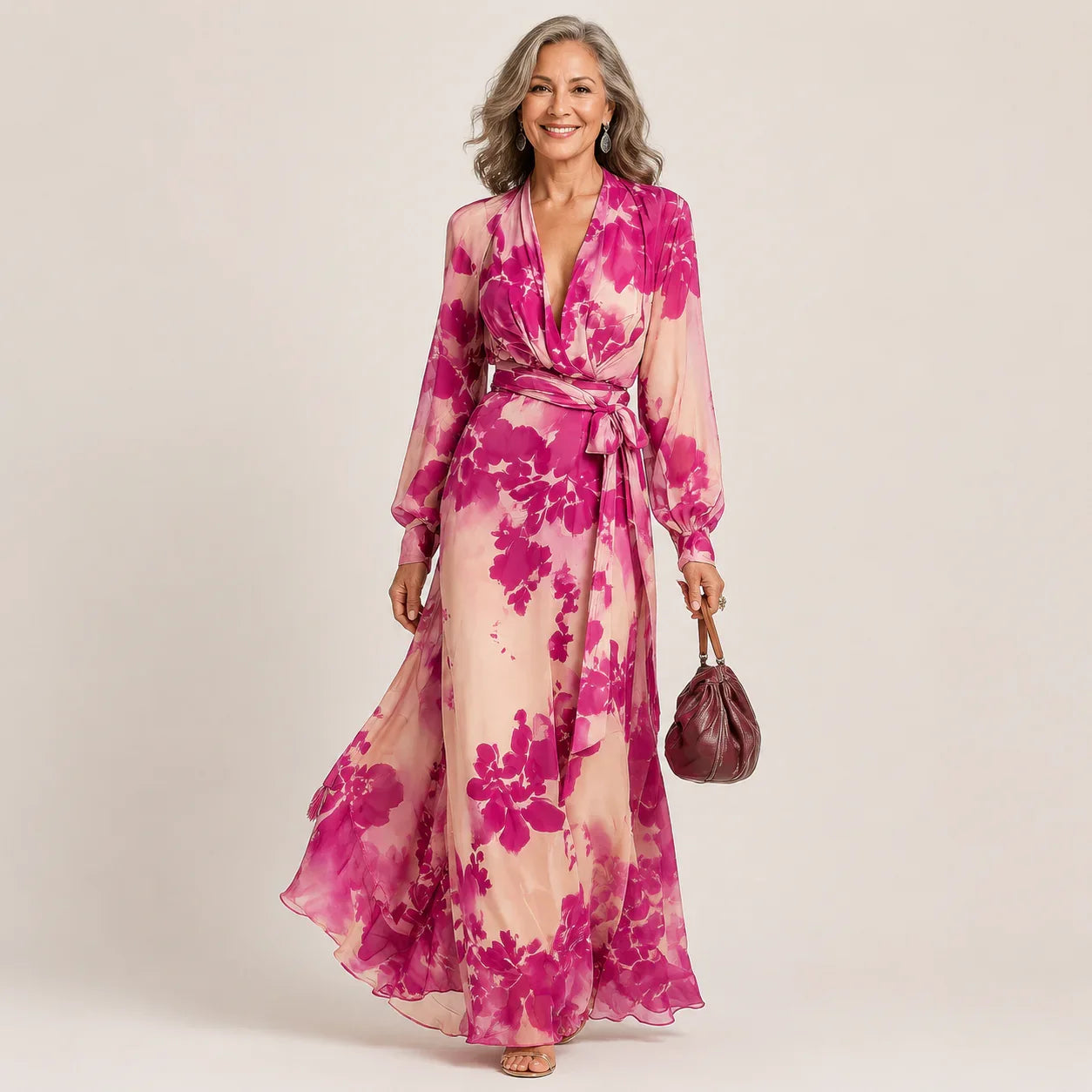 Lily Rose - Vestido largo floral rosa con escote de pico y cinturón
