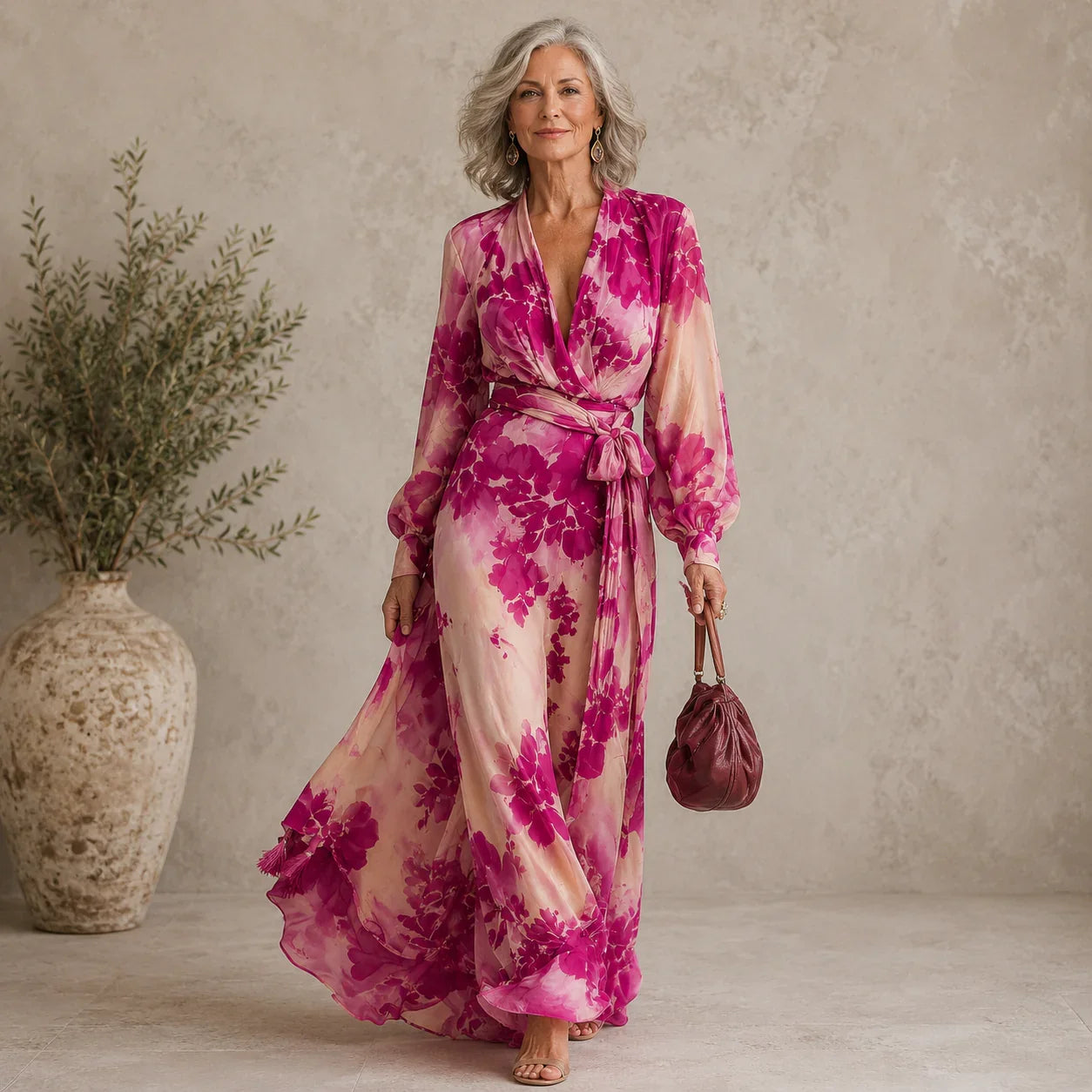 Lily Rose - Vestido largo floral rosa con escote de pico y cinturón