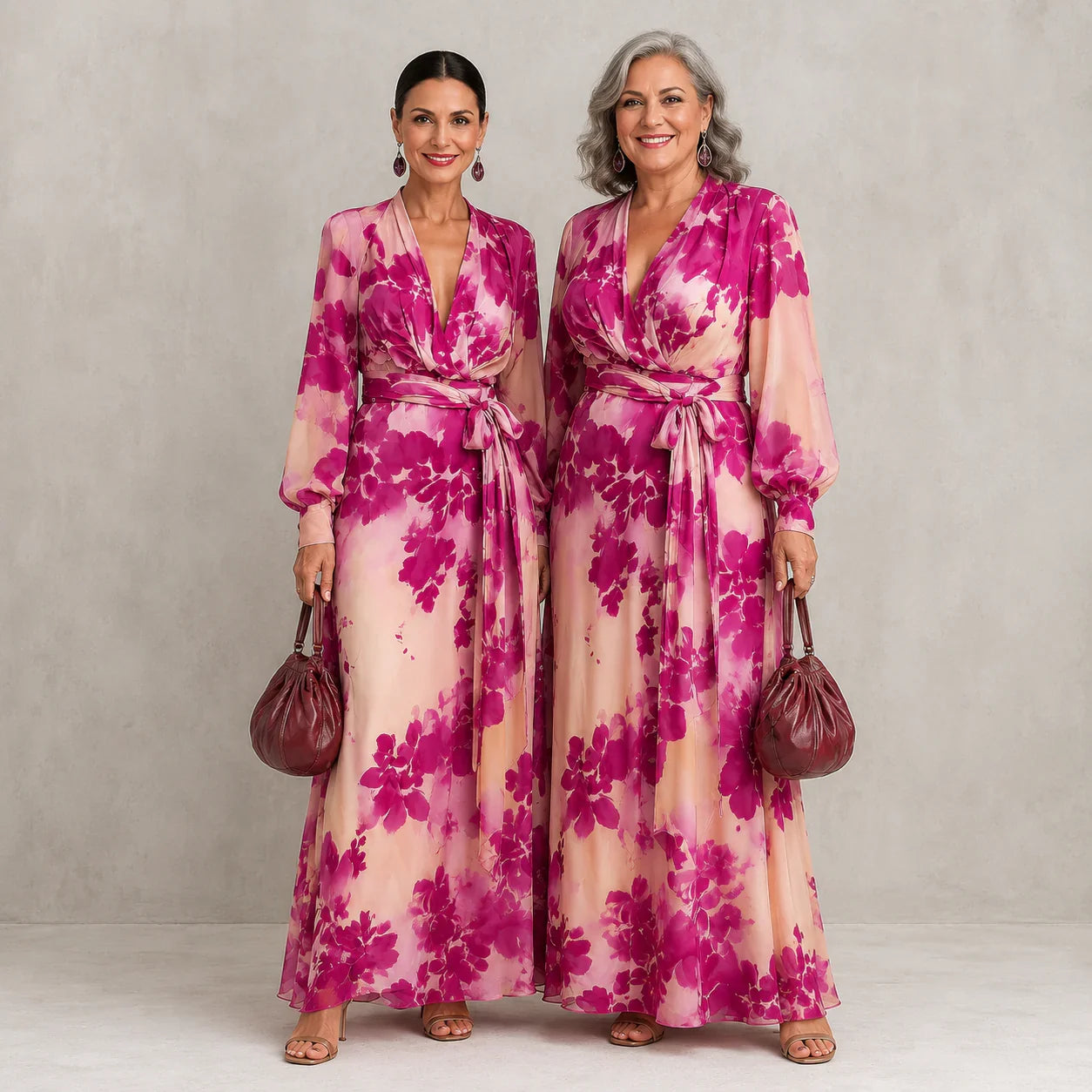 Lily Rose - Vestido largo floral rosa con escote de pico y cinturón