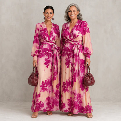 Lily Rose - Vestido largo floral rosa con escote de pico y cinturón