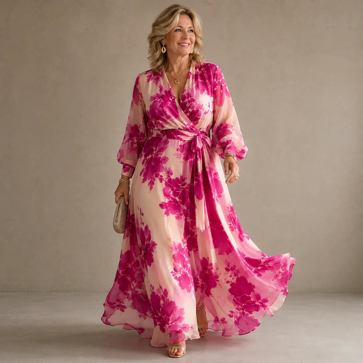 Lily Rose - Vestido largo floral rosa con escote de pico y cinturón