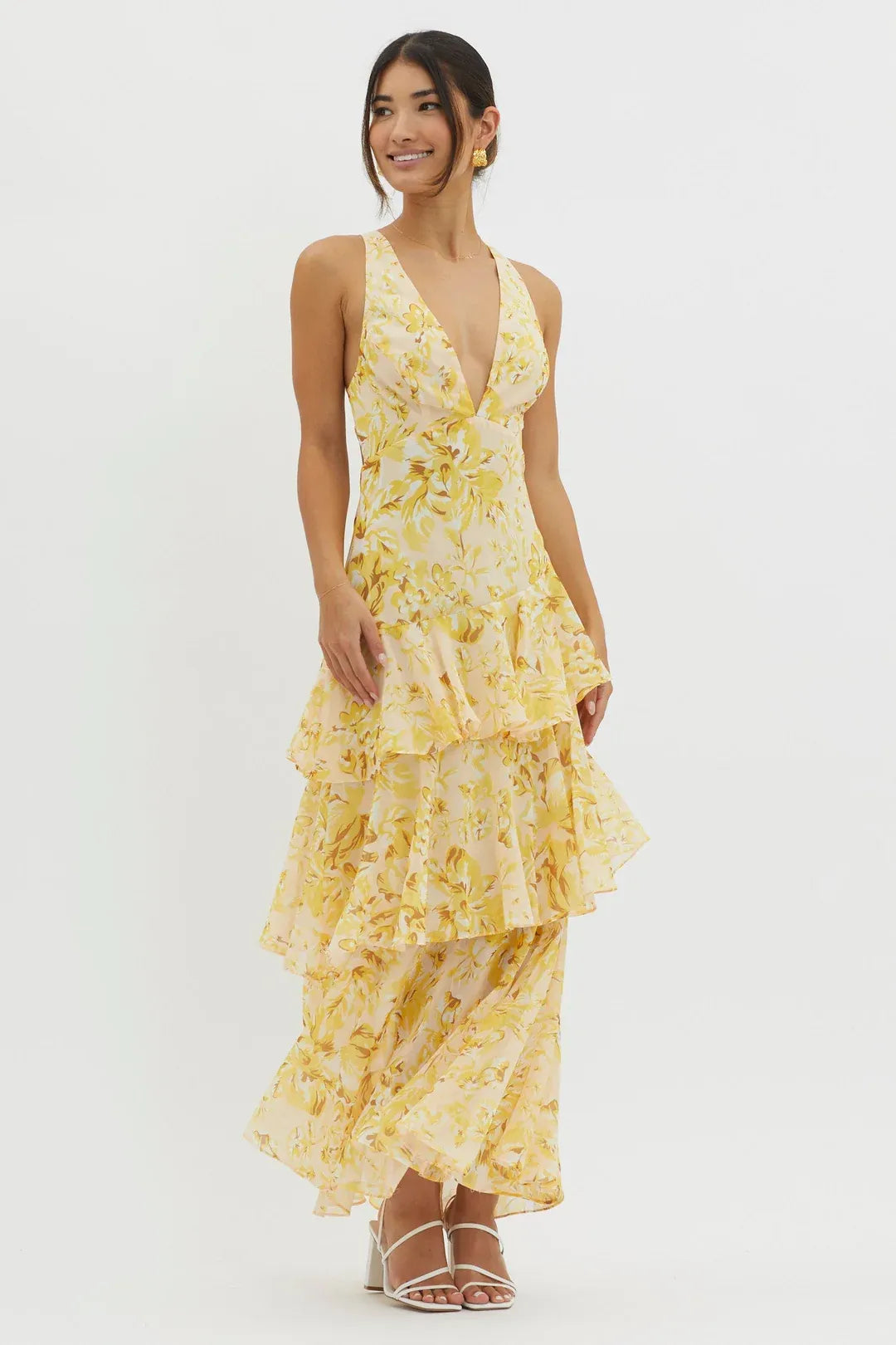 Oriana - Vestido largo floral con detalle de volantes