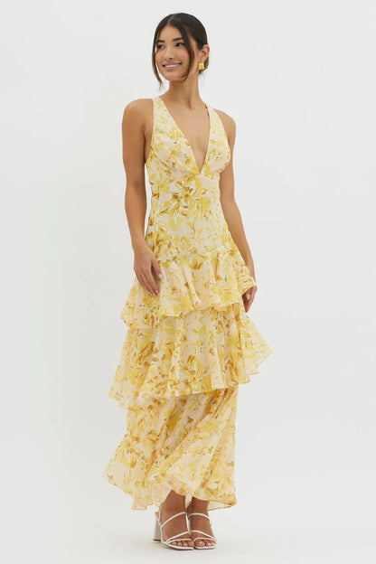 Oriana - Vestido largo floral con detalle de volantes