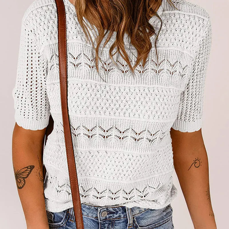 Eva - Suéter de crochet con cuello redondo y manga corta