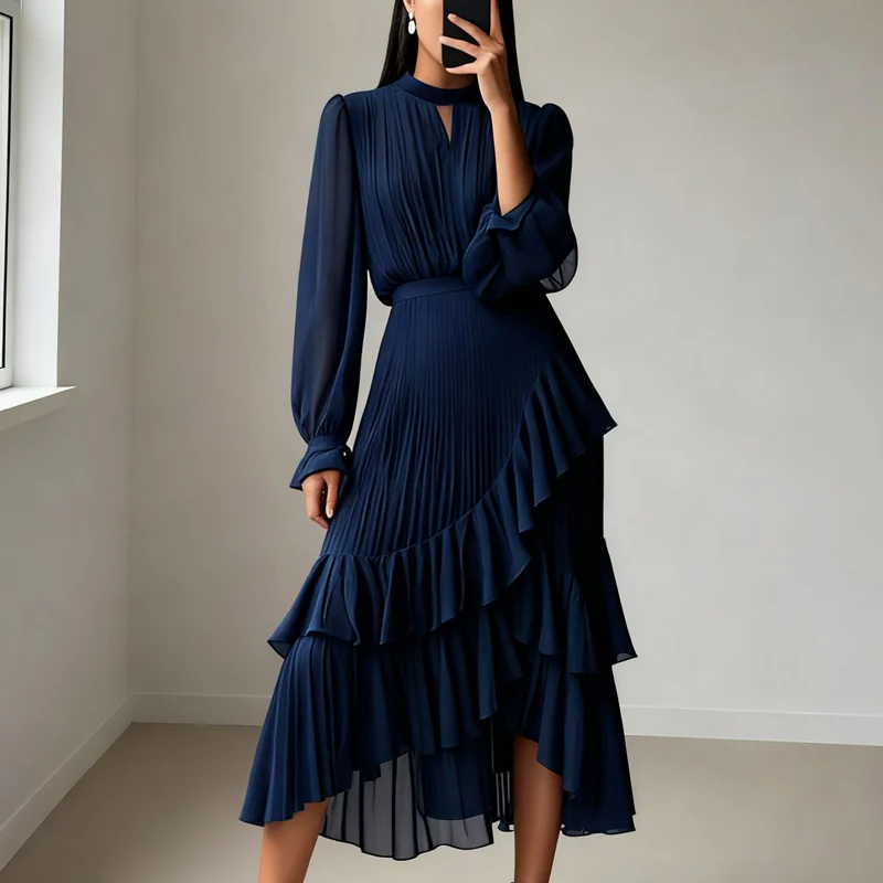 Elena - Vestido elegante con escote ojo de cerradura y volantes