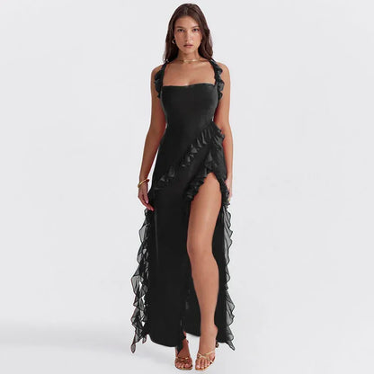 Marina - Vestido largo con detalle de volantes y Abertura