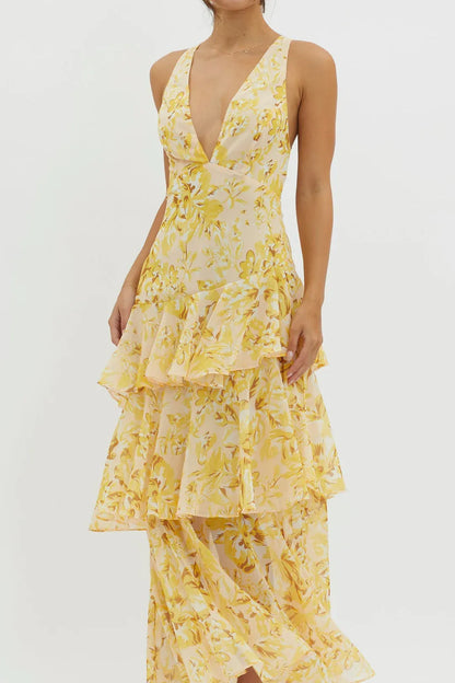 Mónica - Vestido largo floral con detalle de volantes