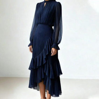 Elena - Vestido elegante con escote ojo de cerradura y volantes