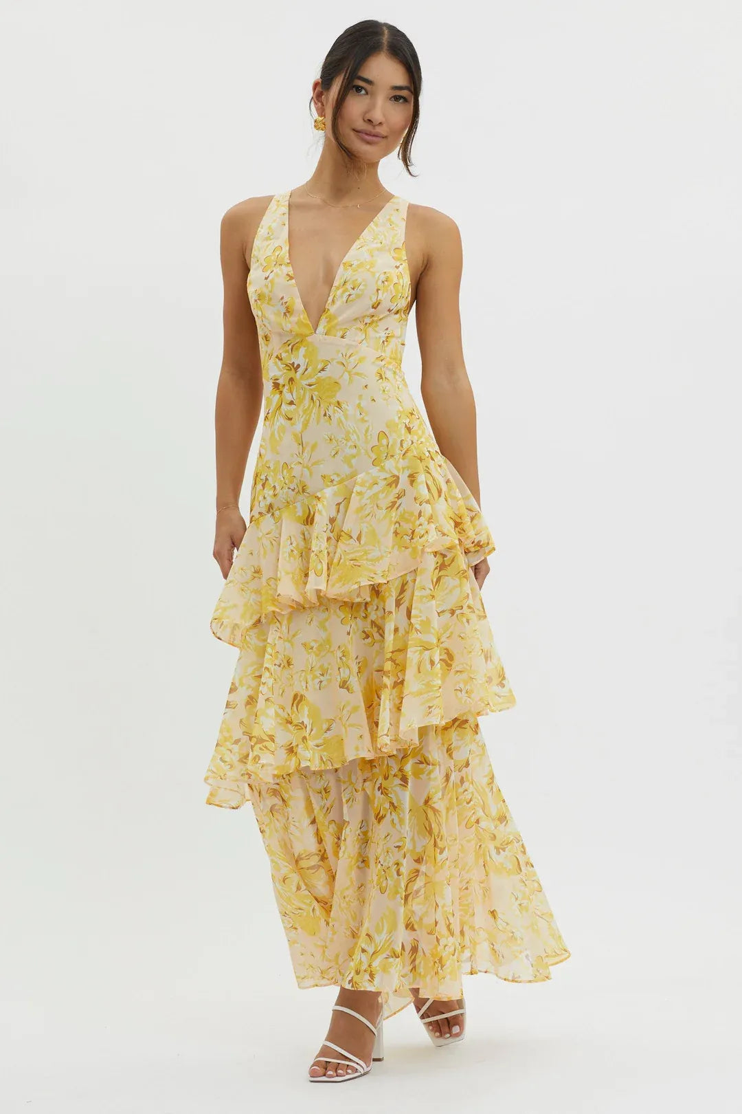 Oriana - Vestido largo floral con detalle de volantes
