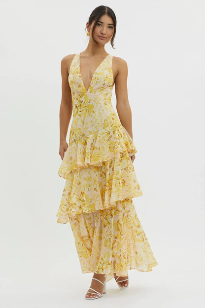 Mónica - Vestido largo floral con detalle de volantes