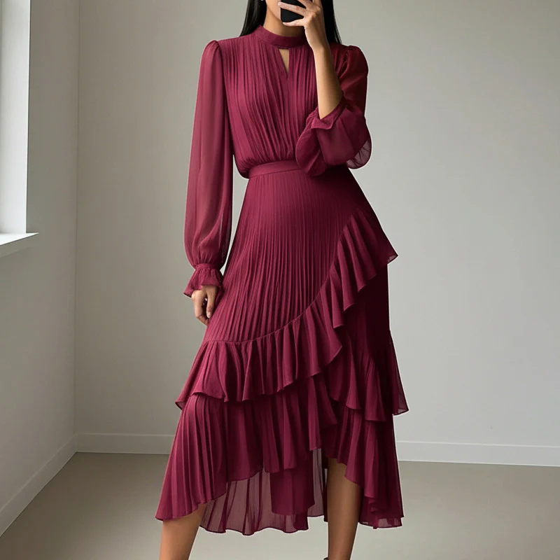 Elena - Vestido elegante con escote ojo de cerradura y volantes