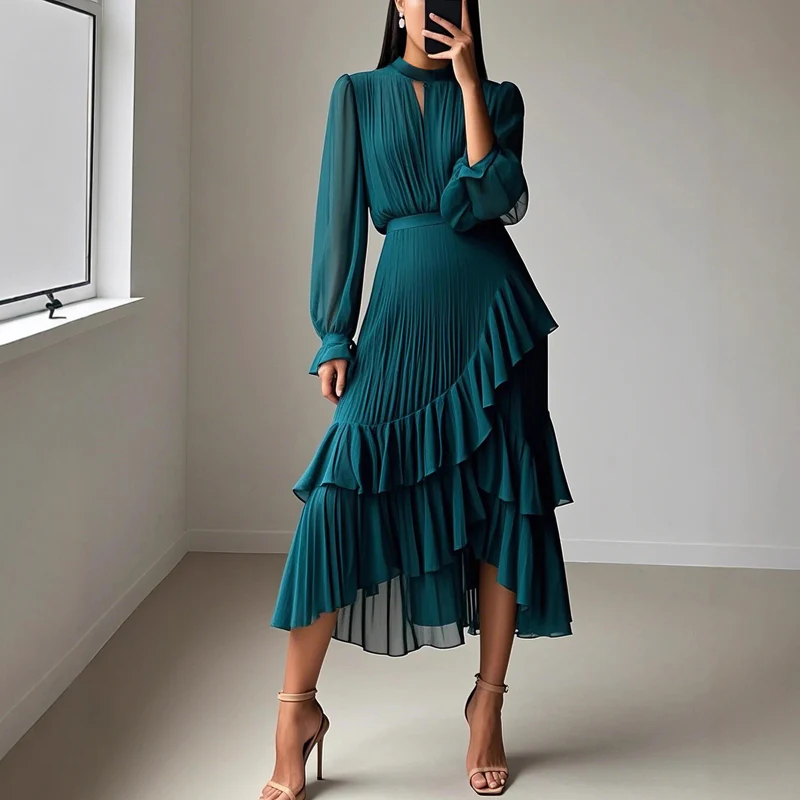 Elena - Vestido elegante con escote ojo de cerradura y volantes