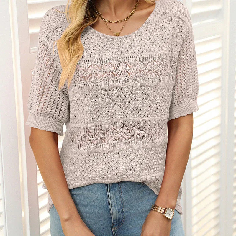 Eva - Suéter de crochet con cuello redondo y manga corta
