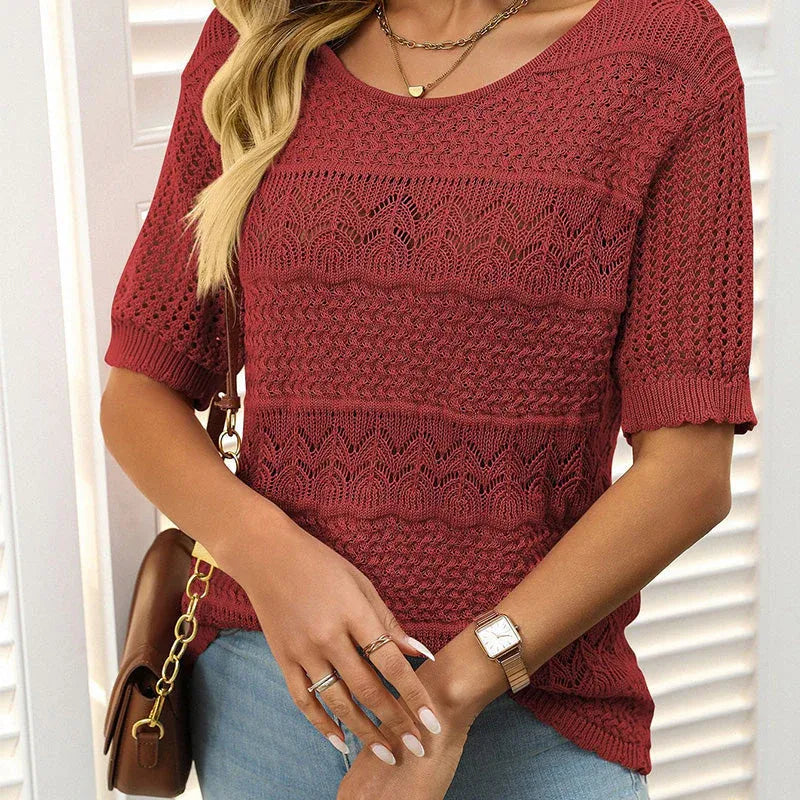 Eva - Suéter de crochet con cuello redondo y manga corta