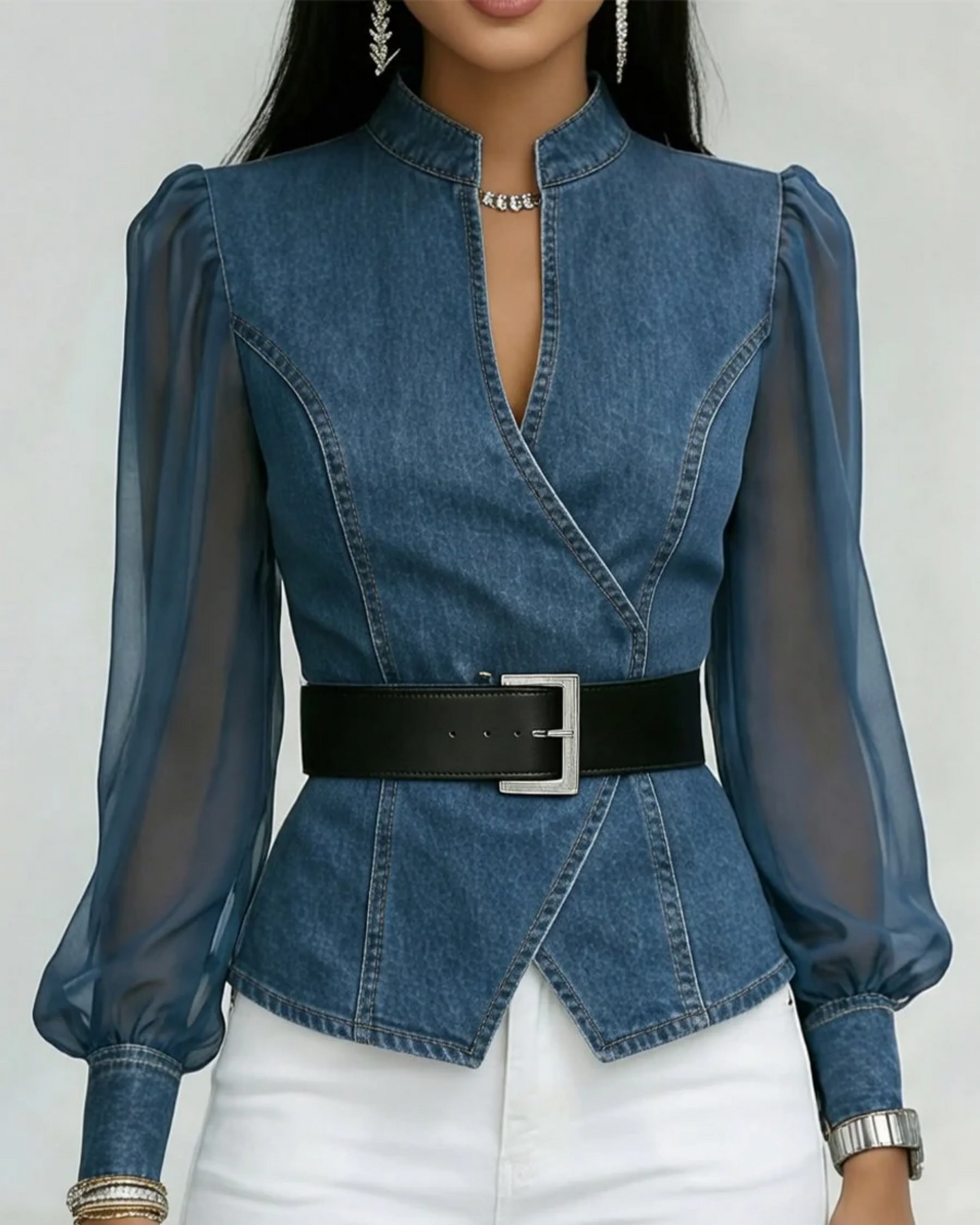 Lía - Top denim con mangas ligeras de chiffon