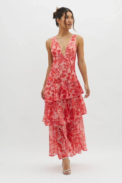Oriana - Vestido largo floral con detalle de volantes