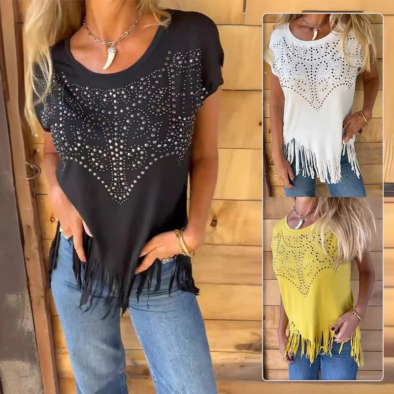 Gloria - Camiseta con detalle brillante y flecos