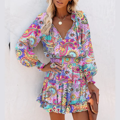 Pilar - Vestido mini con escote de pico, manga larga y volantes