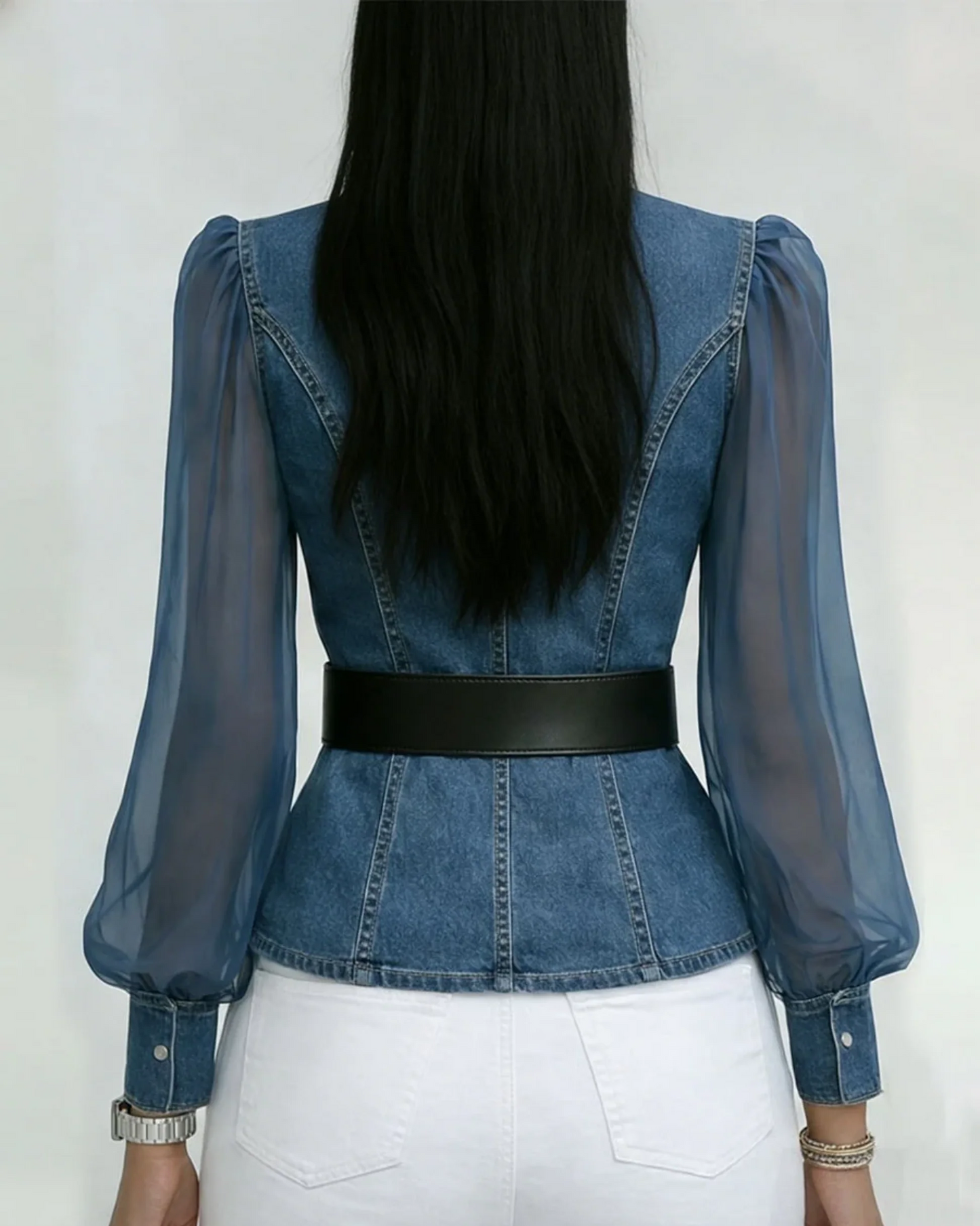Lía - Top denim con mangas ligeras de chiffon