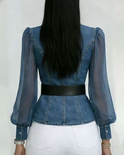 Lía - Top denim con mangas ligeras de chiffon