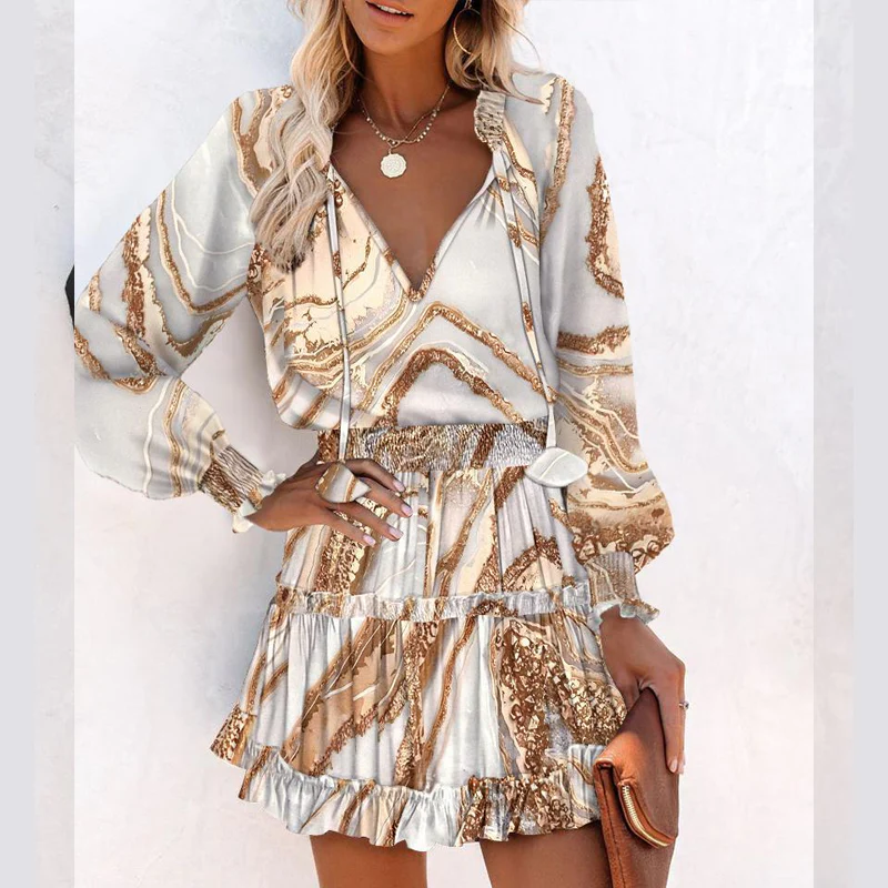 Pilar - Vestido mini con escote de pico, manga larga y volantes