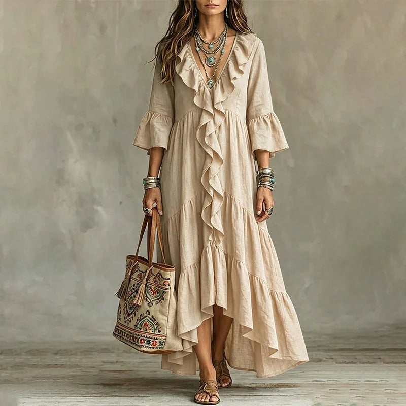 Alma - Vestido de inspiración vintage con detalle de volantes y escote de pico
