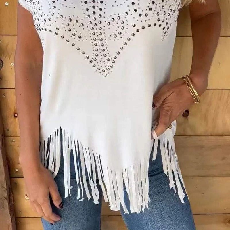 Gloria - Camiseta con detalle brillante y flecos