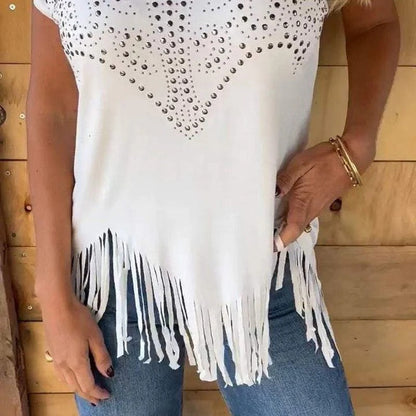 Gloria - Camiseta con detalle brillante y flecos