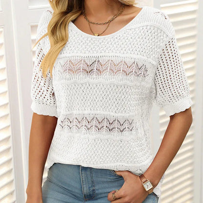 Eva - Suéter de crochet con cuello redondo y manga corta