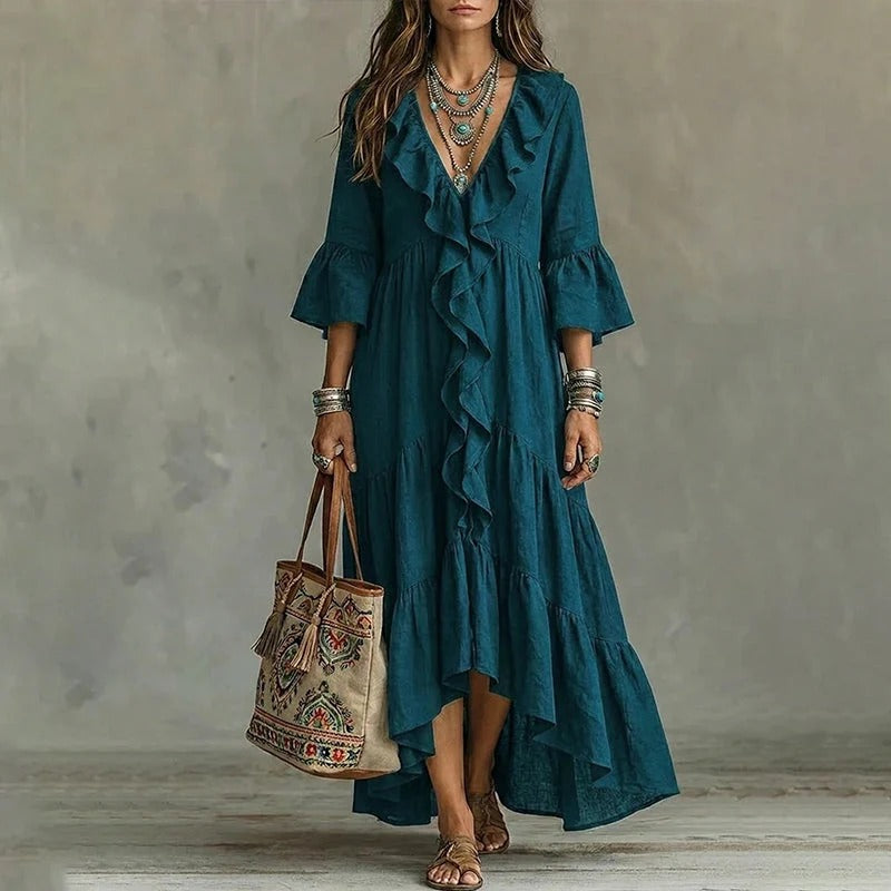 Alma - Vestido de inspiración vintage con detalle de volantes y escote de pico
