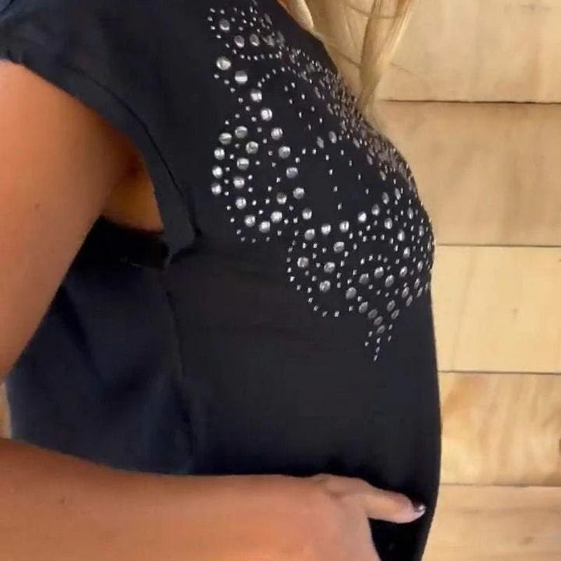 Gloria - Camiseta con detalle brillante y flecos
