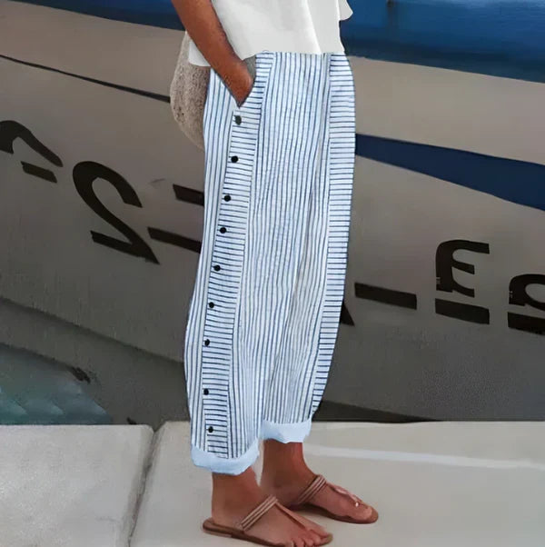 Sofía - Pantalón recto con motivo de rayas con botones laterales