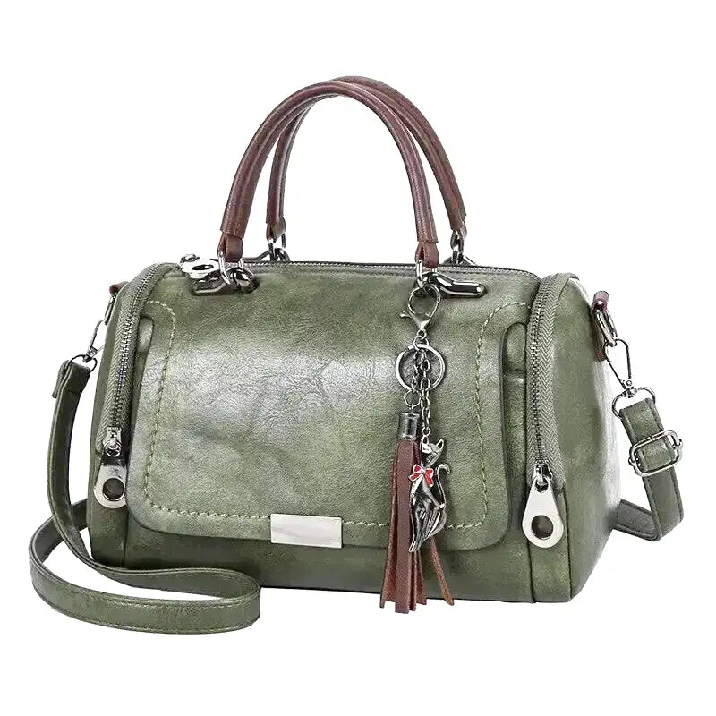 RHEA - Bolso espacioso en cuero suave con correa y cierre de cremallera - Verde - CARMEN VELVET