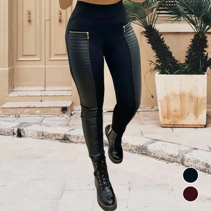 Alma - Pantalón de cuero sintético con acabados a contraste y cremallera