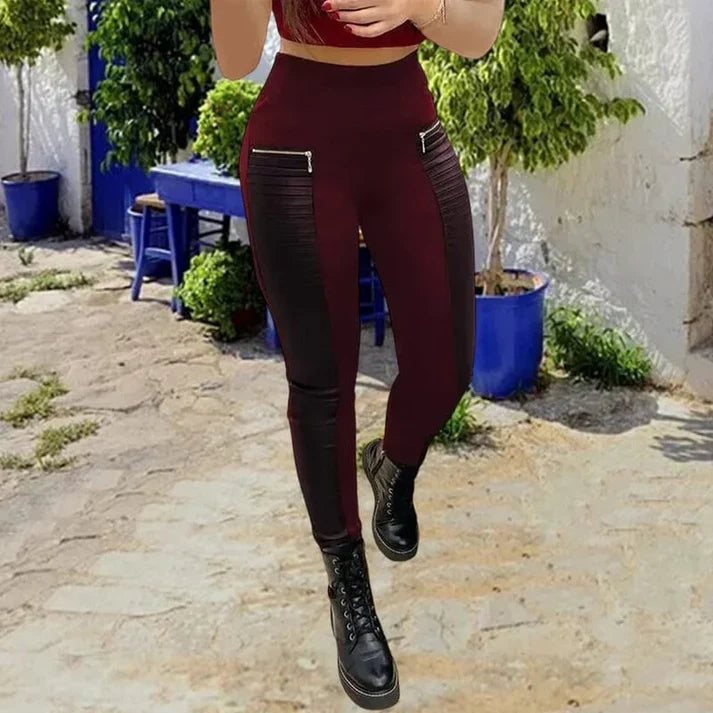 Alma - Pantalón de cuero sintético con acabados a contraste y cremallera