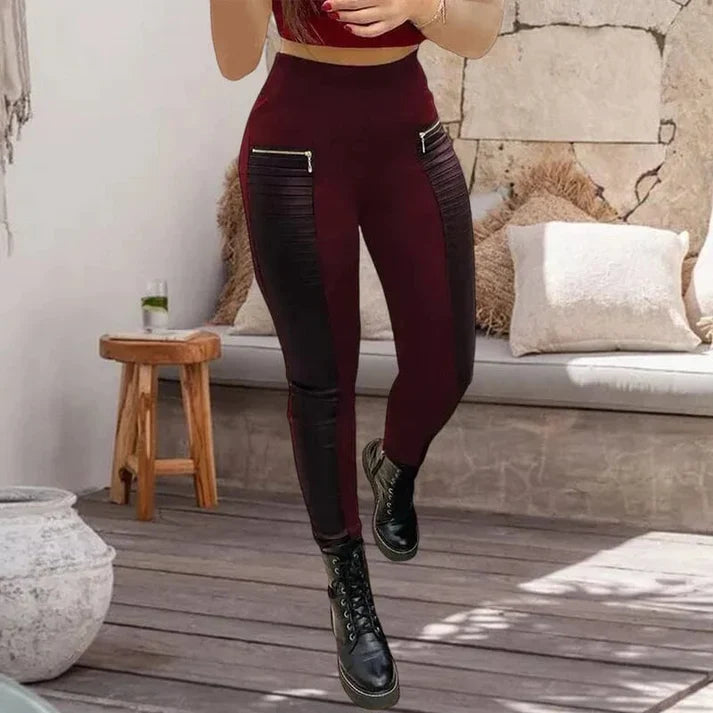 Alma - Pantalón de cuero sintético con acabados a contraste y cremallera