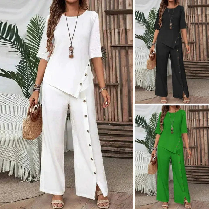 Marisa - Conjunto elegante de top asimétrico y pantalón ancho