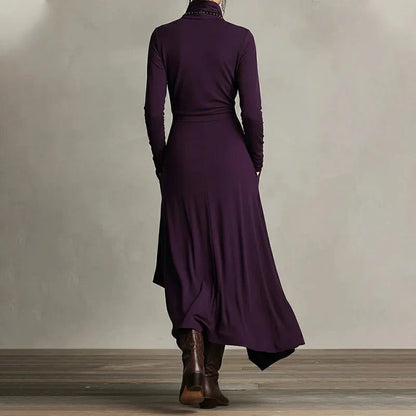 Carlota - Vestido largo elegante con cuello alto y drapeado asimétrico