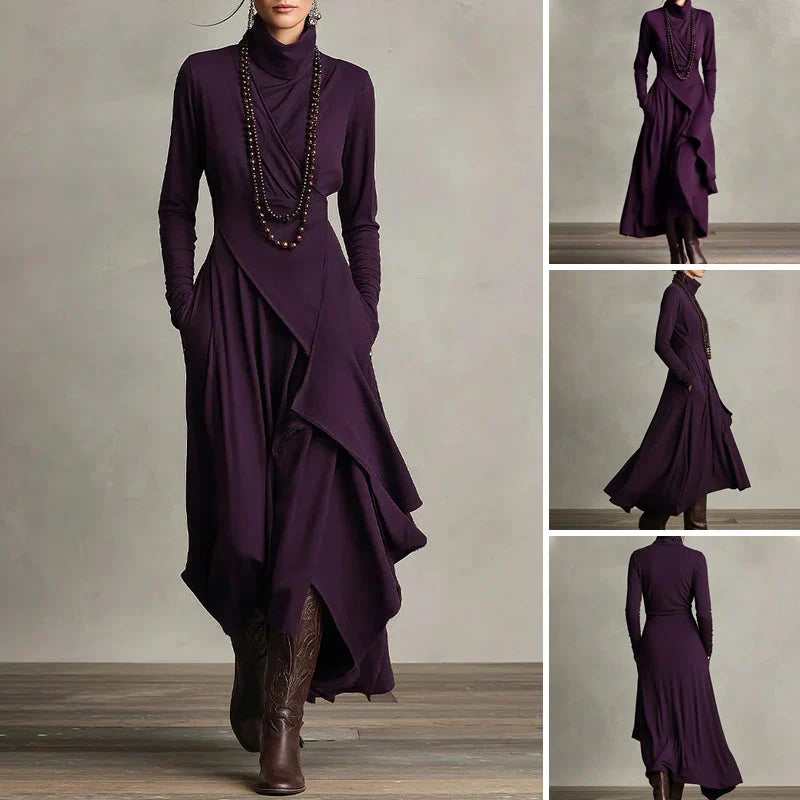 Carlota - Vestido largo elegante con cuello alto y drapeado asimétrico