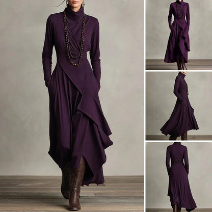 Carlota - Vestido largo elegante con cuello alto y drapeado asimétrico