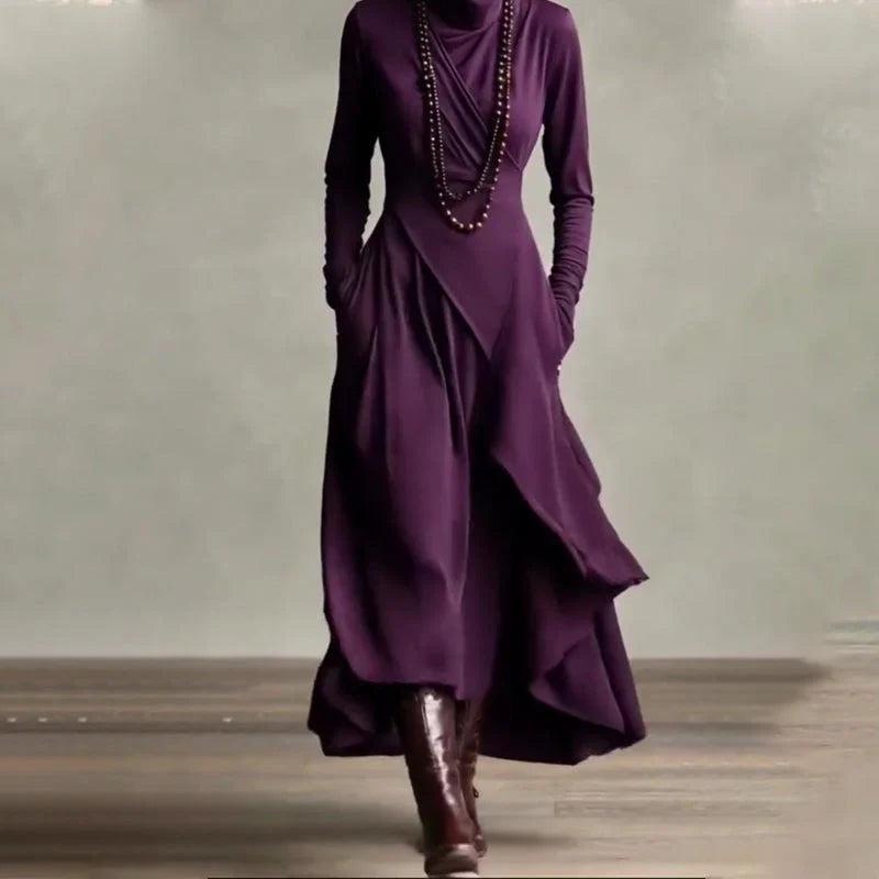 Carlota - Vestido largo elegante con cuello alto y drapeado asimétrico