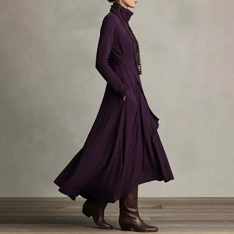 Carlota - Vestido largo elegante con cuello alto y drapeado asimétrico