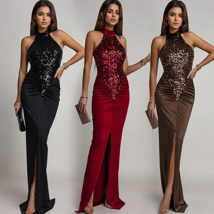 Isabella - Vestido halter con abertura y lentejuelas