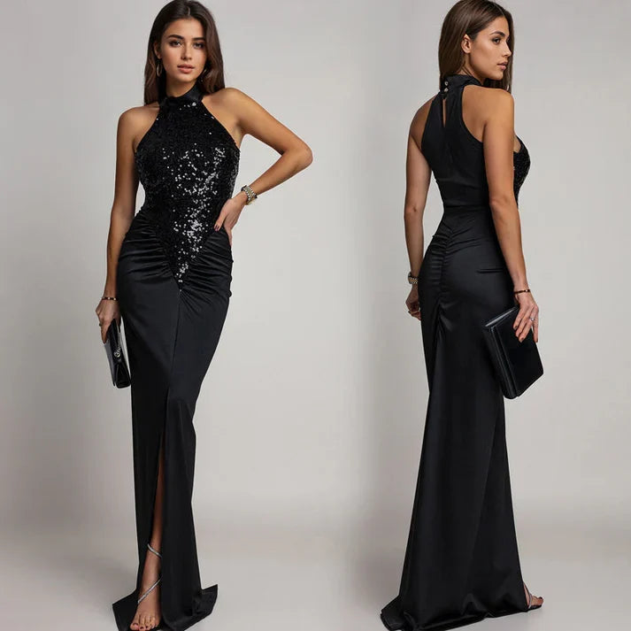 Isabella - Vestido halter con abertura y lentejuelas